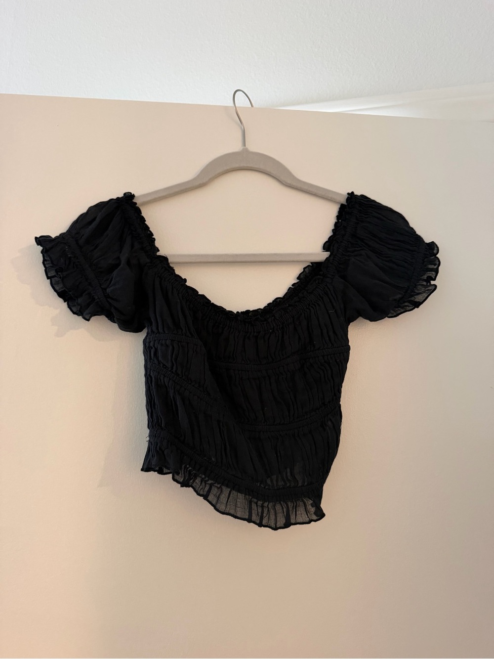 Free People Black Smocked Puff-Sleeve Peasant Top